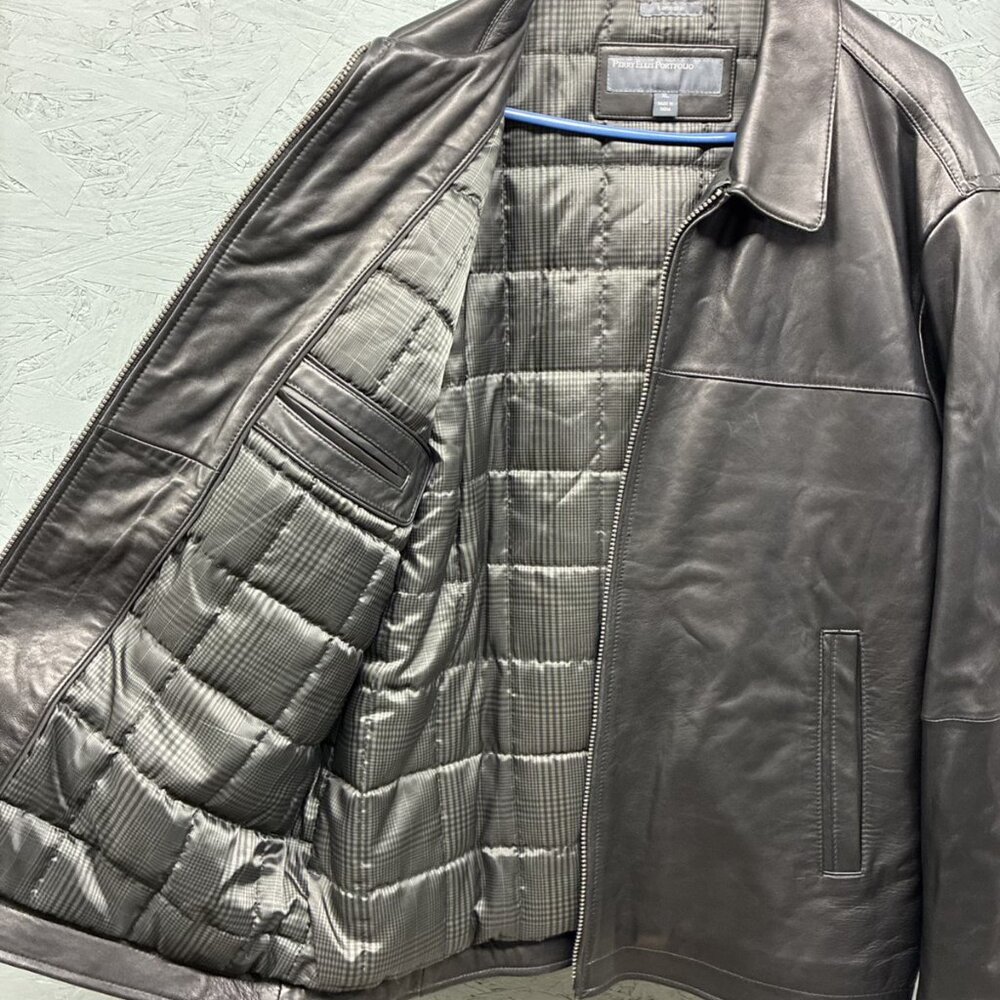 Perry Ellis Portfolio Men's XL Black Lambskin Leather Bomber-Excellent condition